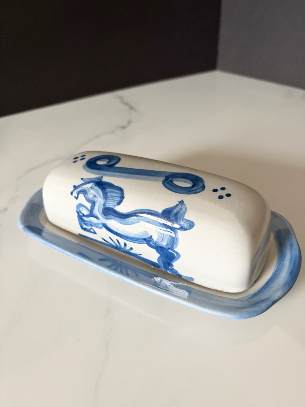 Blue Horse Butter Dish by M.A. Hadley